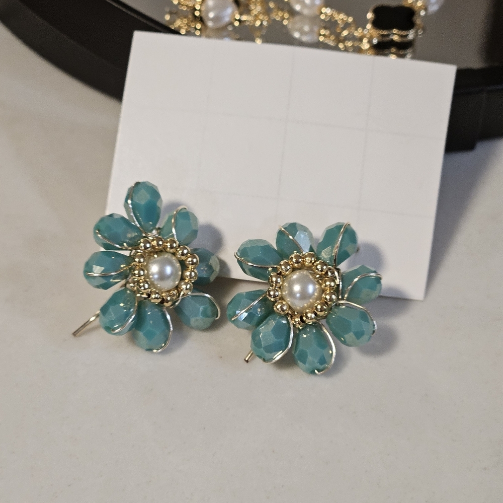Flower Handmade Earrings Teal
